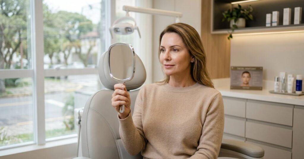 Mulher em consultório de harmonização orofacial em Porto Alegre, mostrando expressão tranquila após aplicação de botox, representando o tempo de espera até que o efeito da toxina comece a aparecer.