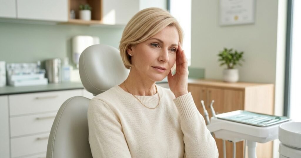 Mulher em consultório de harmonização orofacial leva a mão à têmpora, sugerindo leve dor de cabeça após tratamento estético com toxina botulínica.